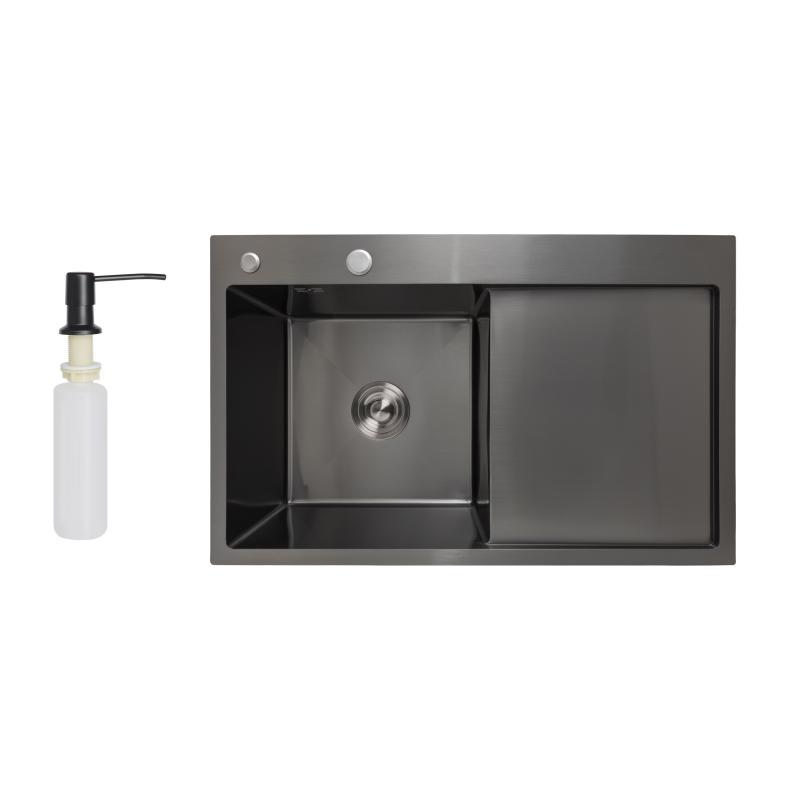 Мийка для кухні інтегрована Lidz Handmade H7849BR крило праворуч (LIDZH7849BRPVD3008) Brushed Black PVD