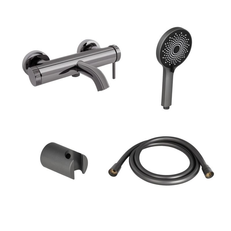 Комплект для ванної кімнати Qtap Robin Black/Chrome: Змішувач QTROB3060102K + Тримач QT829910842854GRP + Шланг