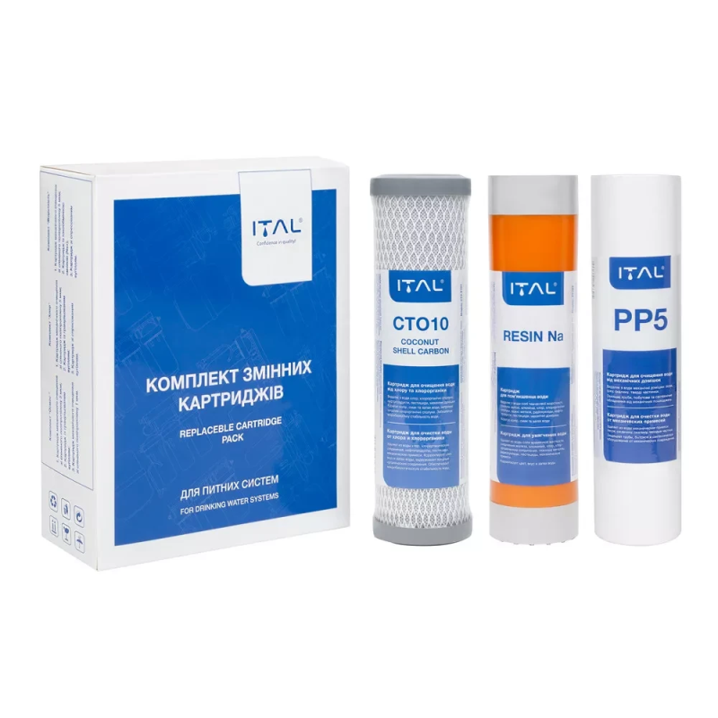 Комплект картриджів ITAL Жорсткість 1-2-3 (PP5 + ST10IT + CTO-S10IT) для фільтру зворотного осмосу (ST3IT) Комплект картриджів ITAL Жорсткість 1-2-3 (PP5 + ST10IT + CTO-S10IT) для фільтру зворотного осмосу (ST3IT)