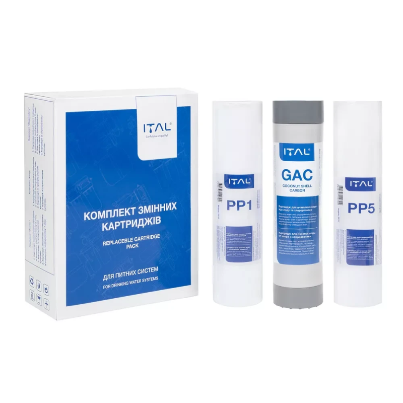 Комплект картриджів ITAL Осмос 1-2-3 (PP5 + CTO10 + PP1) для фільтра зворотного осмосу (PP3IT) Комплект картриджів ITAL Осмос 1-2-3 (PP5 + CTO10 + PP1) для фільтра зворотного осмосу (PP3IT)